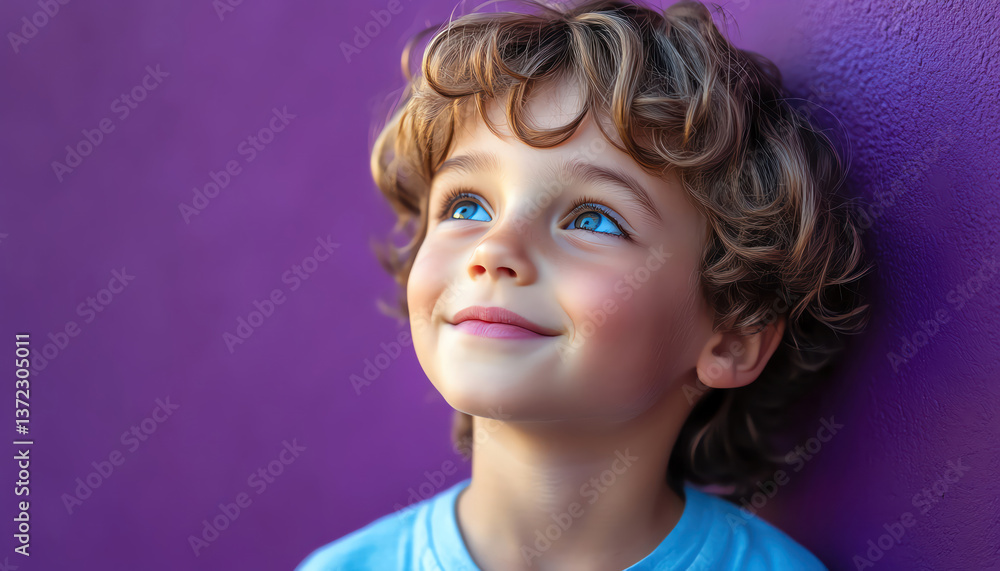 Curious boy looking up smiling purple background soft lighting gentle color tones dreamy expression head tilt Curious boy looking up smiling purple background soft lighting gentle color tones dreamy expression head tilt