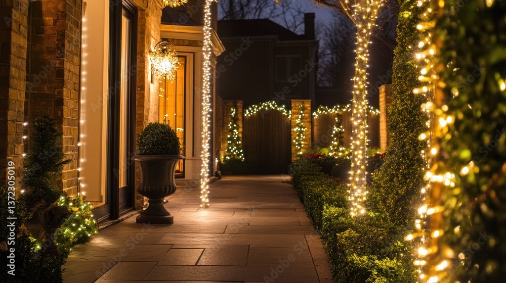 Festive pathway, decorated with lights, leads to a home at night