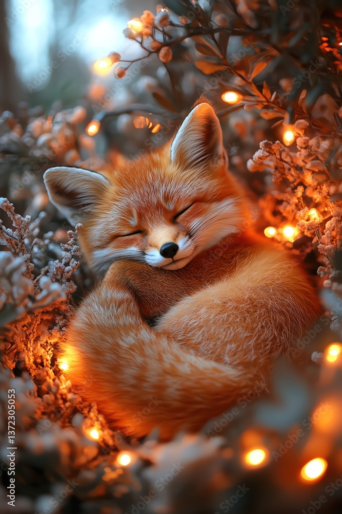 Obraz premium Cute fox curled up in glowing Christmas lights soft warm tones cozy festive atmosphere cinematic framing