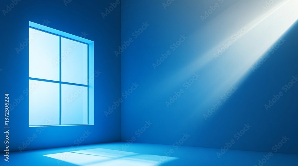 A blue and white gradient background, a large window on the left side of the screen, a small square in front of it, a slightly lower angle of view, geometric shapes, a sense of space, and a beam of li A blue and white gradient background, a large window on the left side of the screen, a small square in front of it, a slightly lower angle of view, geometric shapes, a sense of space, and a beam of li