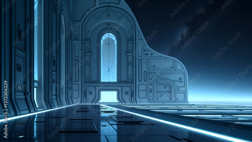 Obraz premium Contemporary wallpaper design featuring sleek abstract visuals with geometric patterns and minimal structure icons representing space habitats emphasizing innovative extraterrestrial architecture secu