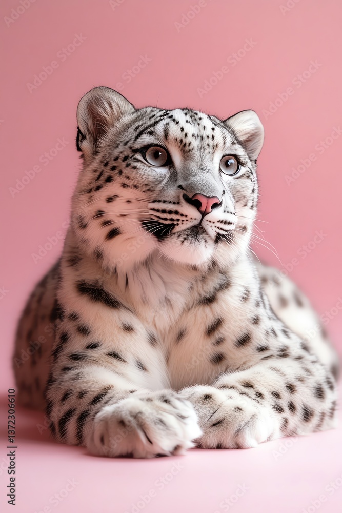 Naklejka premium Snow leopard lying alert on pink studio floor centered pose sharp lighting elegant minimal backdrop