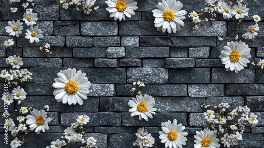 Fototapeta premium Rustic Stone Wall Adorned with White Daisies and Baby's Breath Flowers for Natural Ambiance