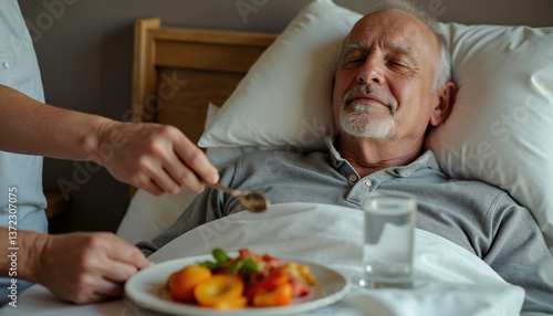 Wallpaper Mural Elderly man enjoying food in bed with caregiver's assistance   Torontodigital.ca