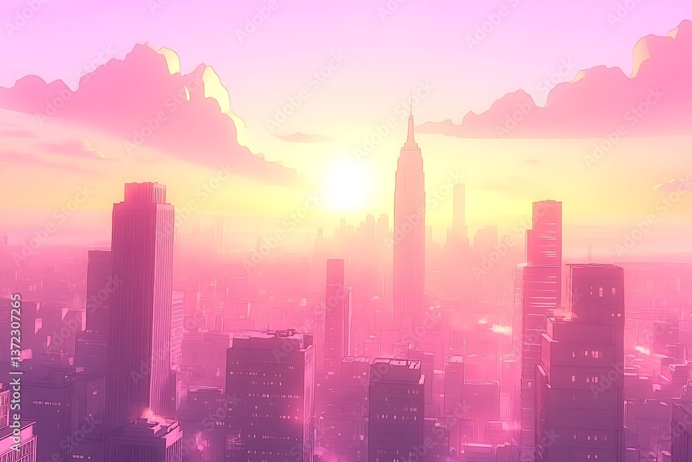 A stylized cityscape bathed in hues of pink and yellow light A stylized cityscape bathed in hues of pink and yellow light