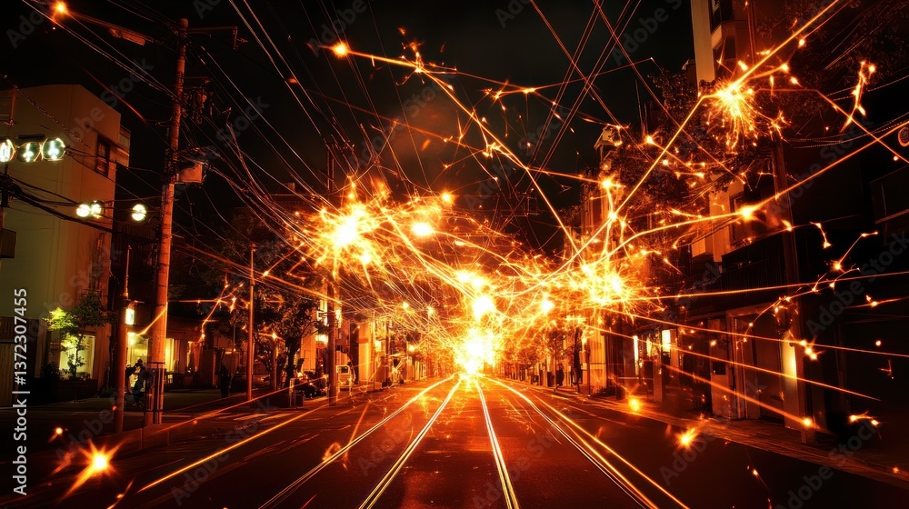 Fireworks Explosion Street Night Cityscape Urban
