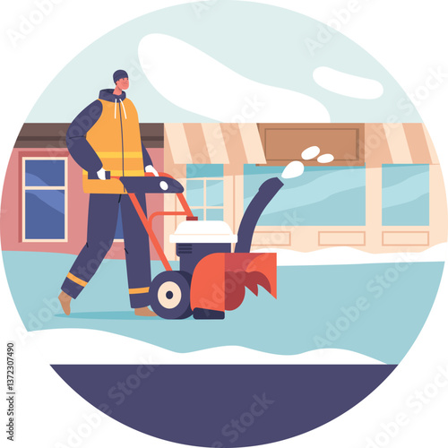 Janitor cleaning urban snowy street