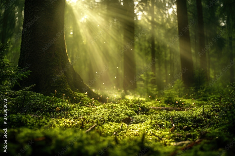 Fototapeta premium Sunlight streams through dense forest, illuminating lush moss and creating a tranquil atmosphere with dappled light.