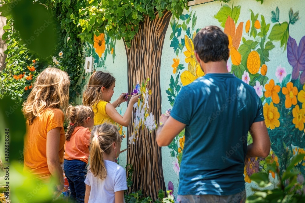 A warm afternoon with the family painting a mural on a garden wall. The father is drawing a tree trunk,