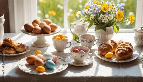 Wallpaper Mural Easter breakfast featuring colorful eggs and pastries on a table   Torontodigital.ca