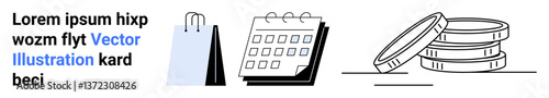 Shopping bag, open calendar, and stacked coins representing organization, budgeting, and economic planning. Ideal for e-commerce, retail, time management, scheduling saving financial planning