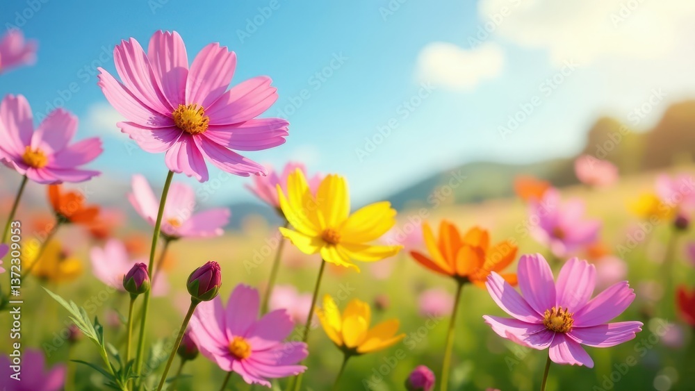 Vibrant Cosmos Flowers Blooming in a Sunny Meadow, a Delightful Display of Nature's Beauty in Full Bloom Vibrant Cosmos Flowers Blooming in a Sunny Meadow, a Delightful Display of Nature's Beauty in Full Bloom