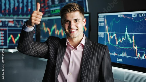 Confident trader in striped suit smiles widely, showing thumb up for excellent work. Monitors display financial data reflecting his experience, success and enthusiasm.