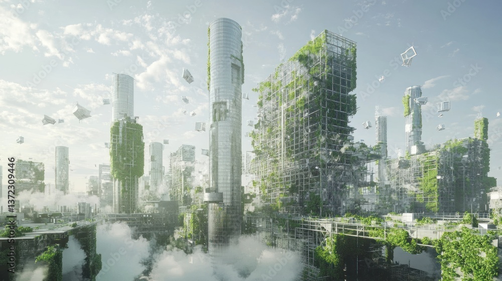 Floating, overgrown, futuristic, abandoned city, cloudscape