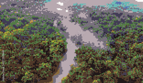 Aerial view river delta with forest pixel art