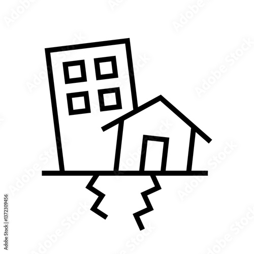 Earthquake icon, Disaster alert, Building collapse warning, Line design, Vector illustration