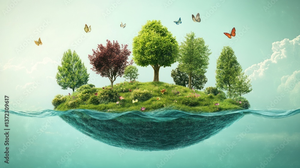 Floating island with trees and butterflies in water