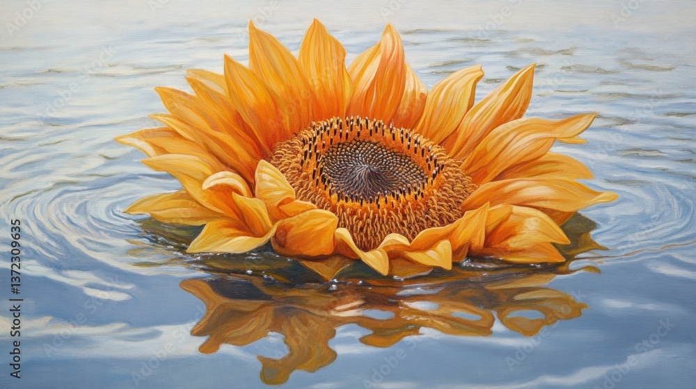 Floating sunflower on rippled water, serene, artistic