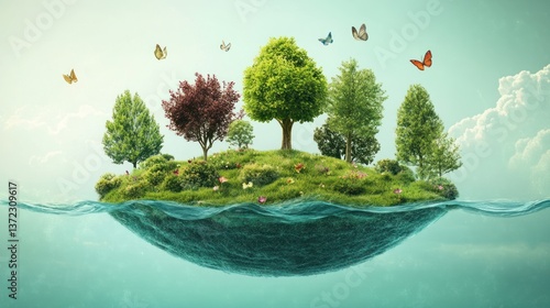 Floating island with trees and butterflies in water