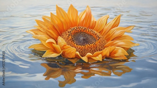 Floating sunflower on rippled water, serene, artistic