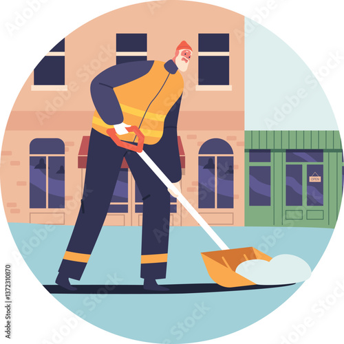 Janitor removing snow with shovel