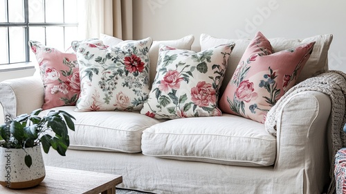 Floral throw pillows on cream sofa in a living room with plants