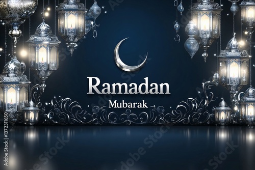 Luxury Ramadan Mubarak Greeting Card, Midnight Blue and Silver, Elegant Lanterns and Moon