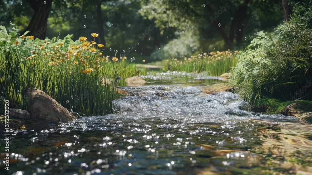 Forest Creek Flowing Through Lush Meadow
