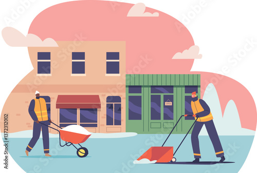 Janitor team removing street snow