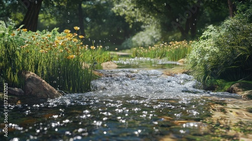 Obraz na płótnie Forest Creek Flowing Through Lush Meadow w salonie