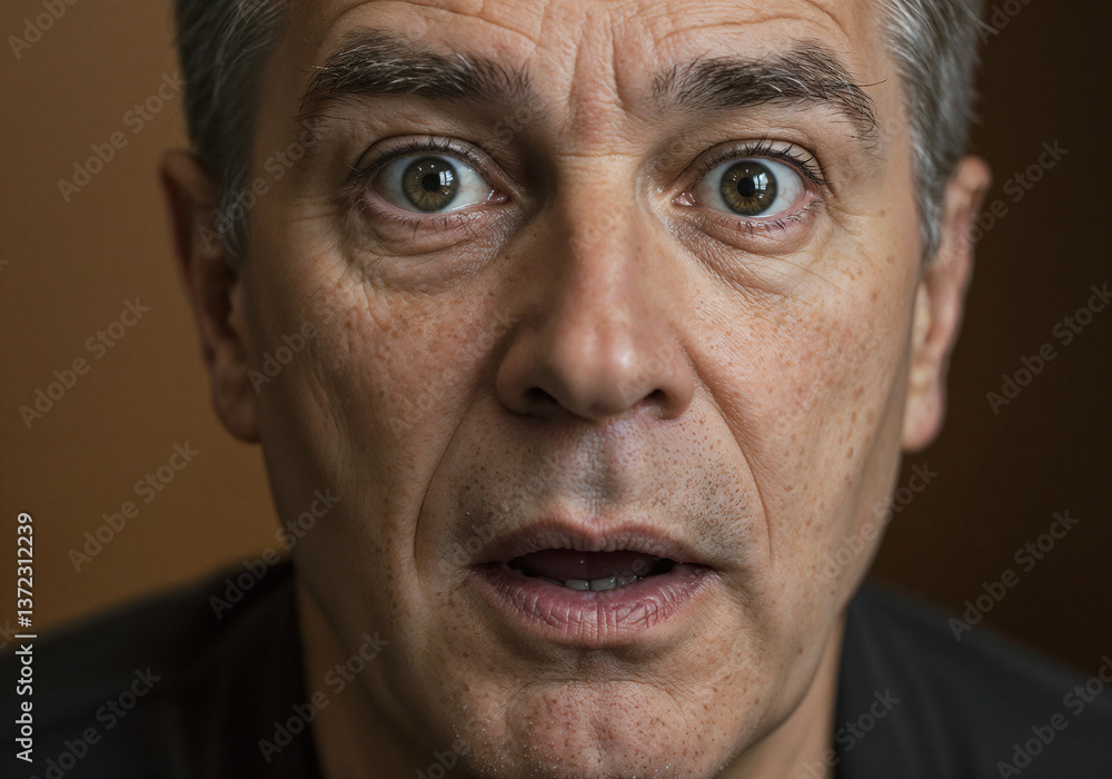 Obraz premium Middle-aged Man With Startled Expression Against Blurred Background 