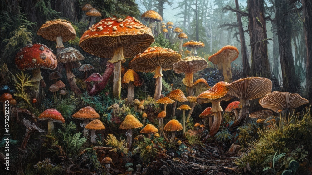 Forest floor teeming with colorful mushrooms in a misty woodland