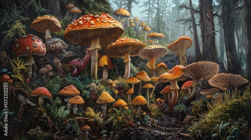 Obraz na płótnie Forest floor teeming with colorful mushrooms in a misty woodland w salonie