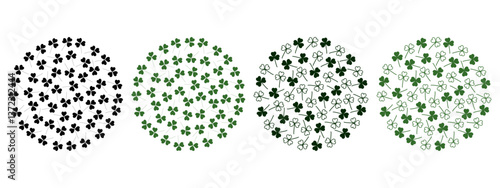 Silhouette Outline Shamrocks Circular Background Monochrome green St Patrick Day Greeting fond Set 4