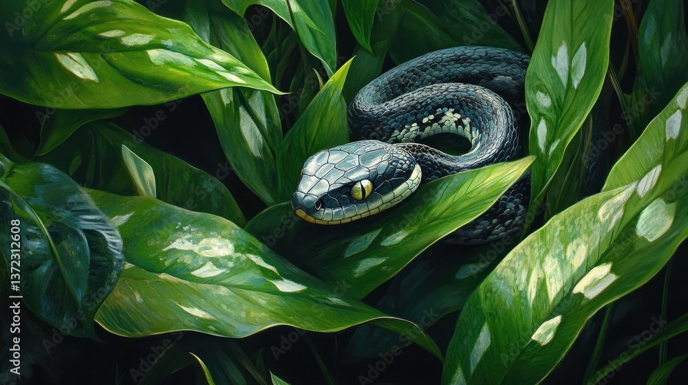 Forest Snake Among Lush Tropical Leaves