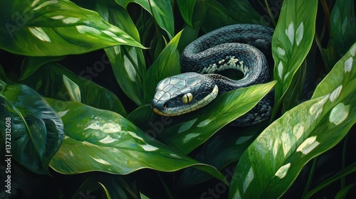 Forest Snake Among Lush Tropical Leaves