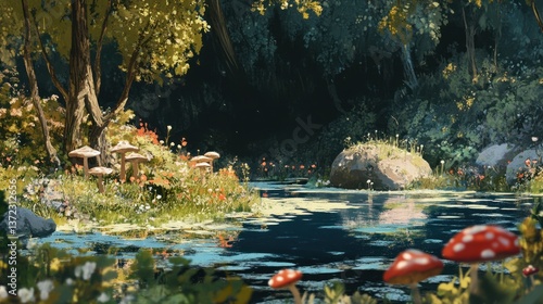 Forest stream with mushrooms and wildflowers; sunlit glade, tranquil scene