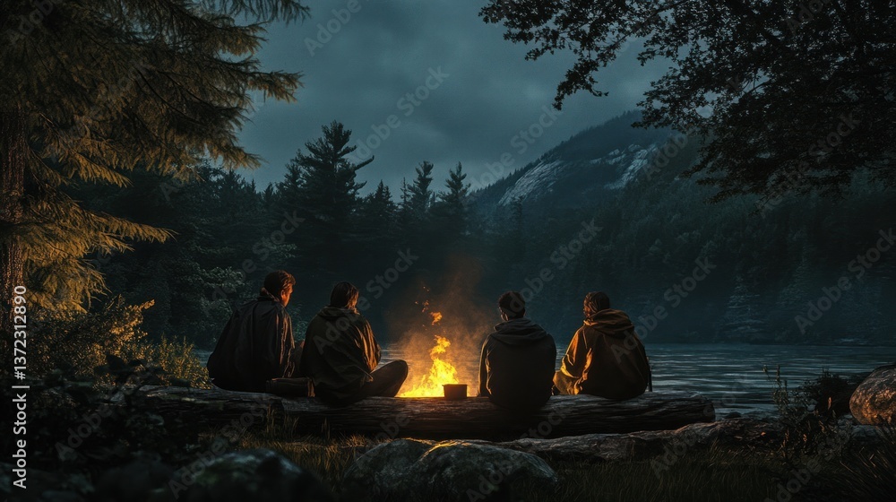 Four friends by campfire at night by river in forest
