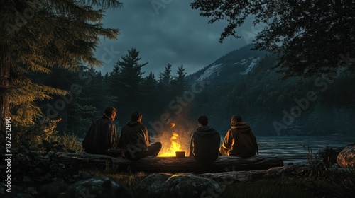 Obraz na płótnie Four friends by campfire at night by river in forest w salonie