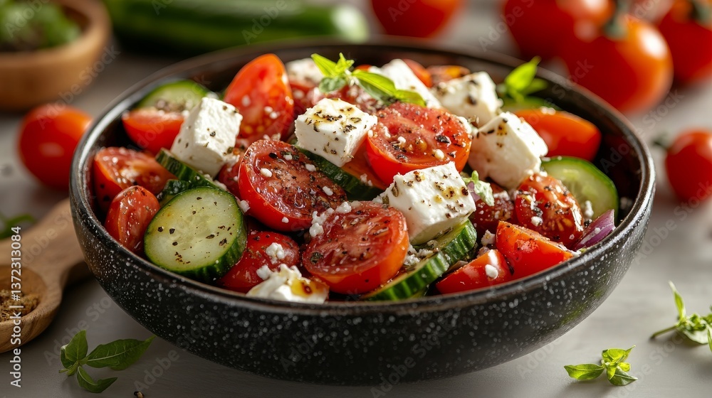 Close-up of a bowl with fresh salad made of tomatoes, cucumber, feta cheese and spices. Close-up of a bowl with fresh salad made of tomatoes, cucumber, feta cheese and spices.