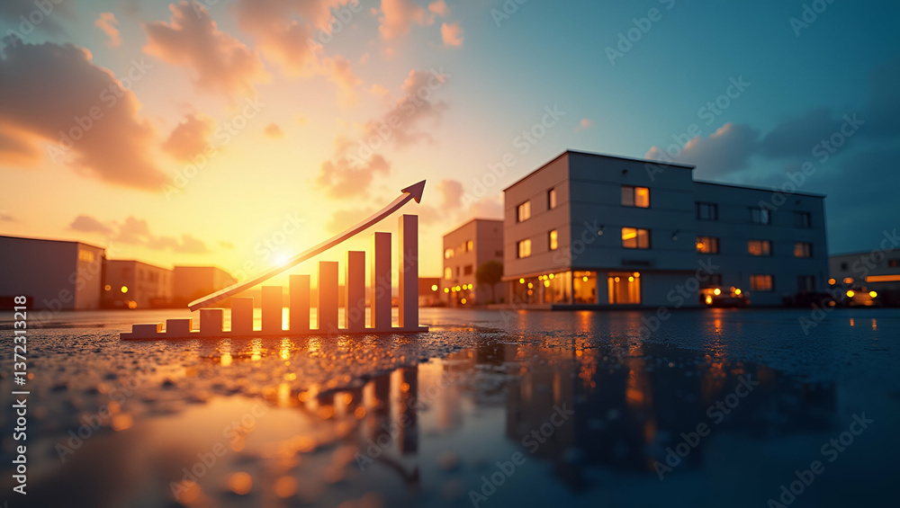 Fototapeta premium Photo realistic as Silhouette of a warehouse and a rising bar graph symbolizing growth profit in double exposure with copy space. concept as A silhouette of a warehouse intertwined with a rising bar g
