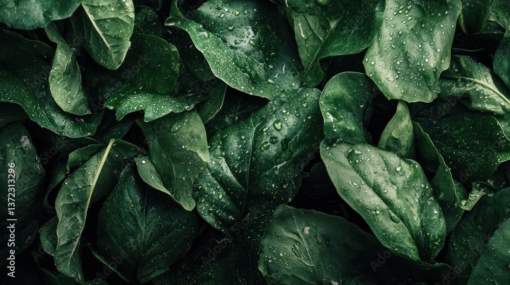 Fresh spinach leaves, wet with dew drops, close-up view, lush garden background