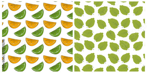 Orange Lime sliced Green leaves Seamless Pattern Set 2 Citrus Fruit Abstract Background Texture idea