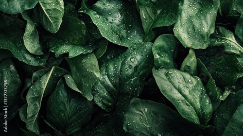 Obraz na płótnie Fresh spinach leaves, wet with dew drops, close-up view, lush garden background w salonie
