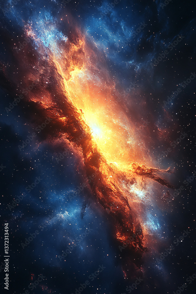 Fototapeta premium spiral galaxy in deep space with glowing orange and blue nebula clouds surrounded by stars and cosmic dust high detail astronomy background for science and celestial visualization 