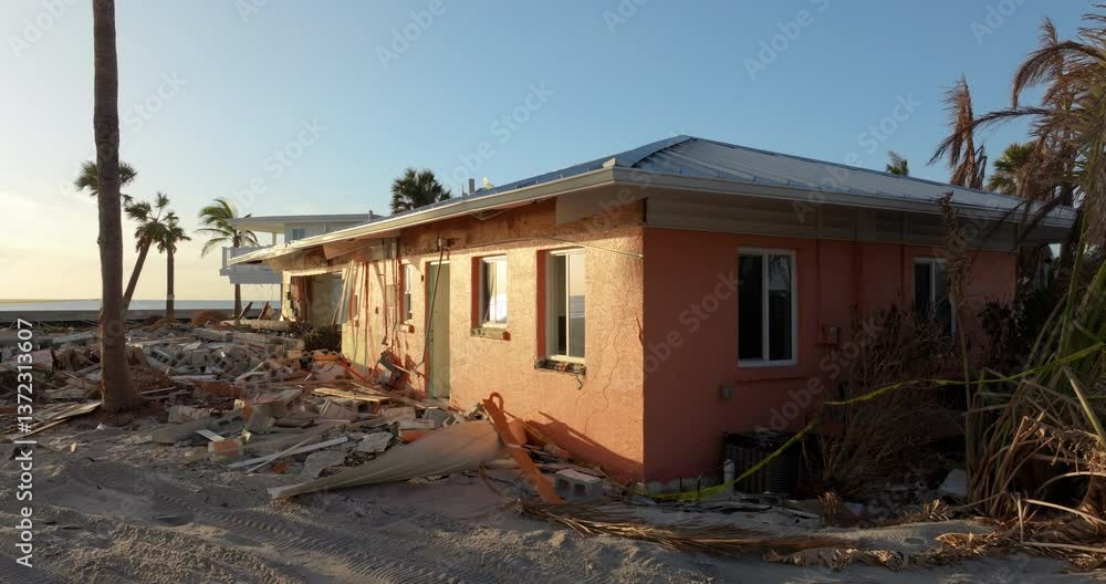 Storm surge severe damage to waterfront houses after hurricane Milton in Englewood, Florida. Destroyed homes on gulf coast. Storm surge severe damage to waterfront houses after hurricane Milton in Englewood, Florida. Destroyed homes on gulf coast.