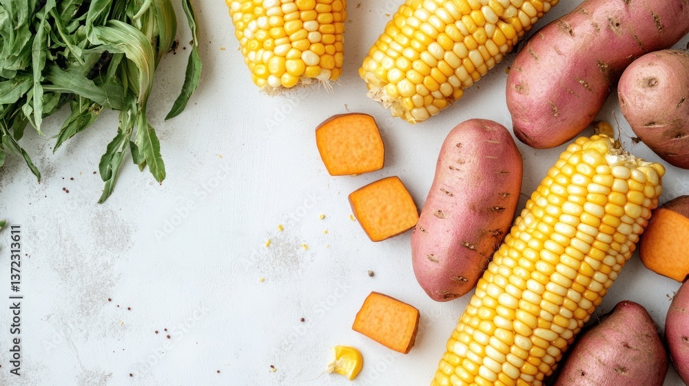 Fresh corn, sweet potatoes, and yams arranged on a light surface with herbs