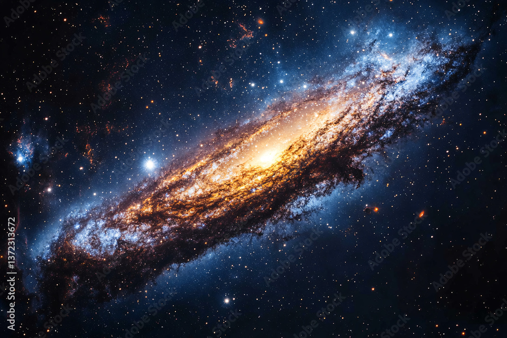 Fototapeta premium spiral galaxy in deep space with glowing orange and blue nebula clouds surrounded by stars and cosmic dust high detail astronomy background for science and celestial visualization 