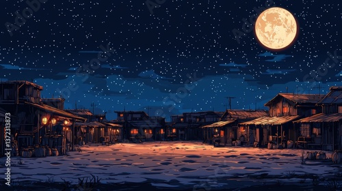 Pixel Art Western Town Night Scene Under Full Moon