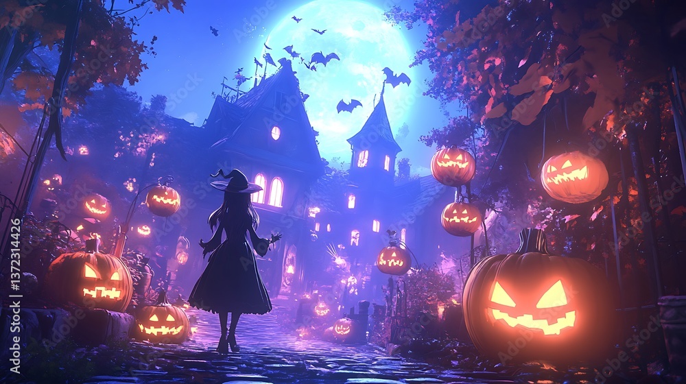 Obraz premium Pixel Art Halloween Night Scene with Witch and Jack o' Lanterns